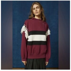 BDG Emory Ruffle Pullover Sweatshirt Maroon XS Bows Lace Drop Shoulder Relaxed